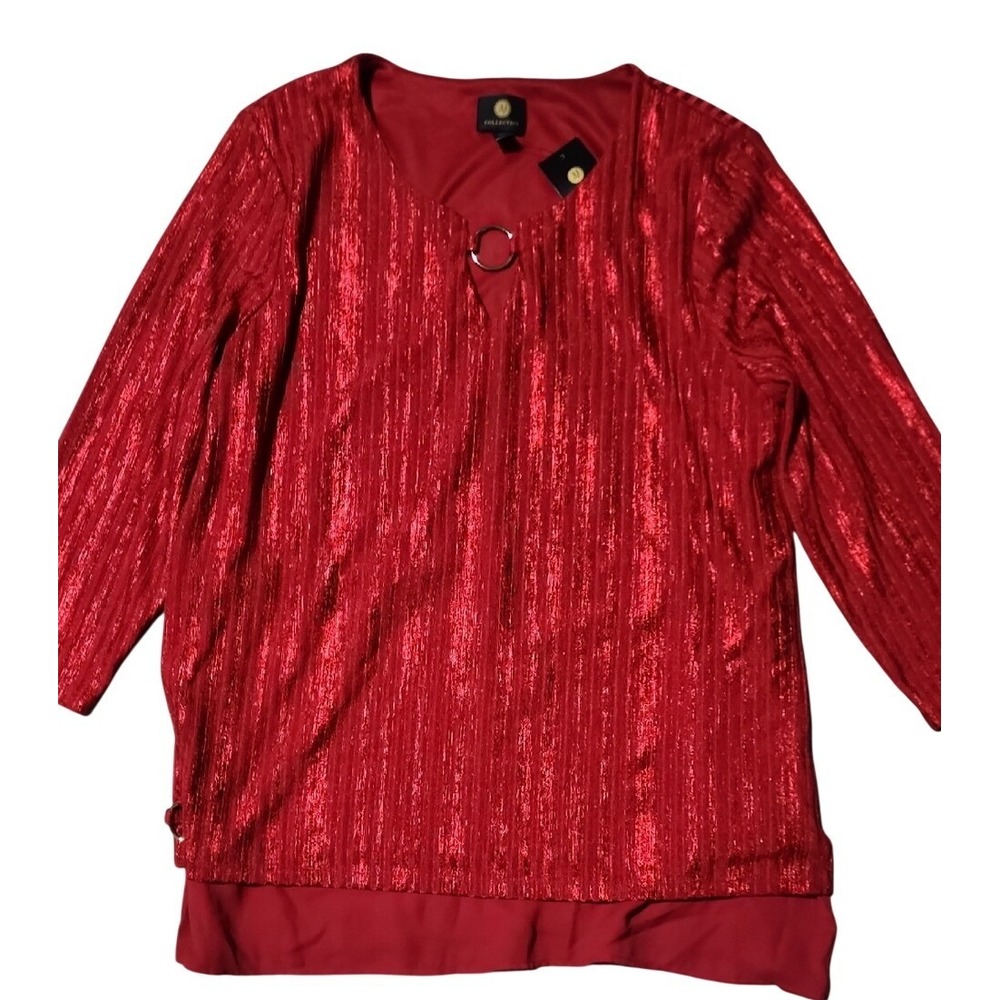 JM Collection Red Shimmery Top Keyhole O-Ring 3/4 Sleeve Holiday Party Large